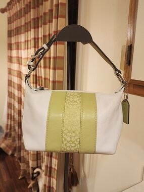 vintage Coach Y2K green and white leather signature stripe mini hobo bag. 